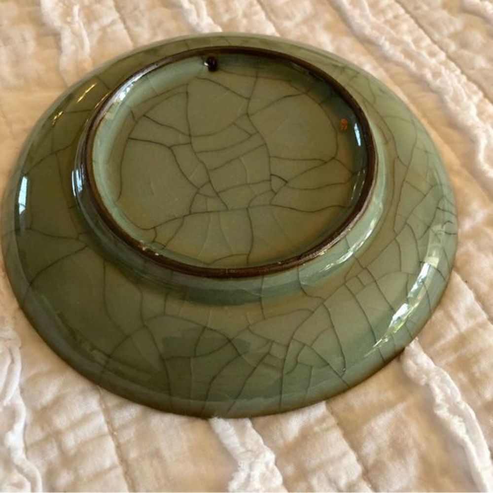 2 1980s Longquan Celadon Wares Sage Green Turtle Motif Art Plates—original VNT - Picture 8 of 16